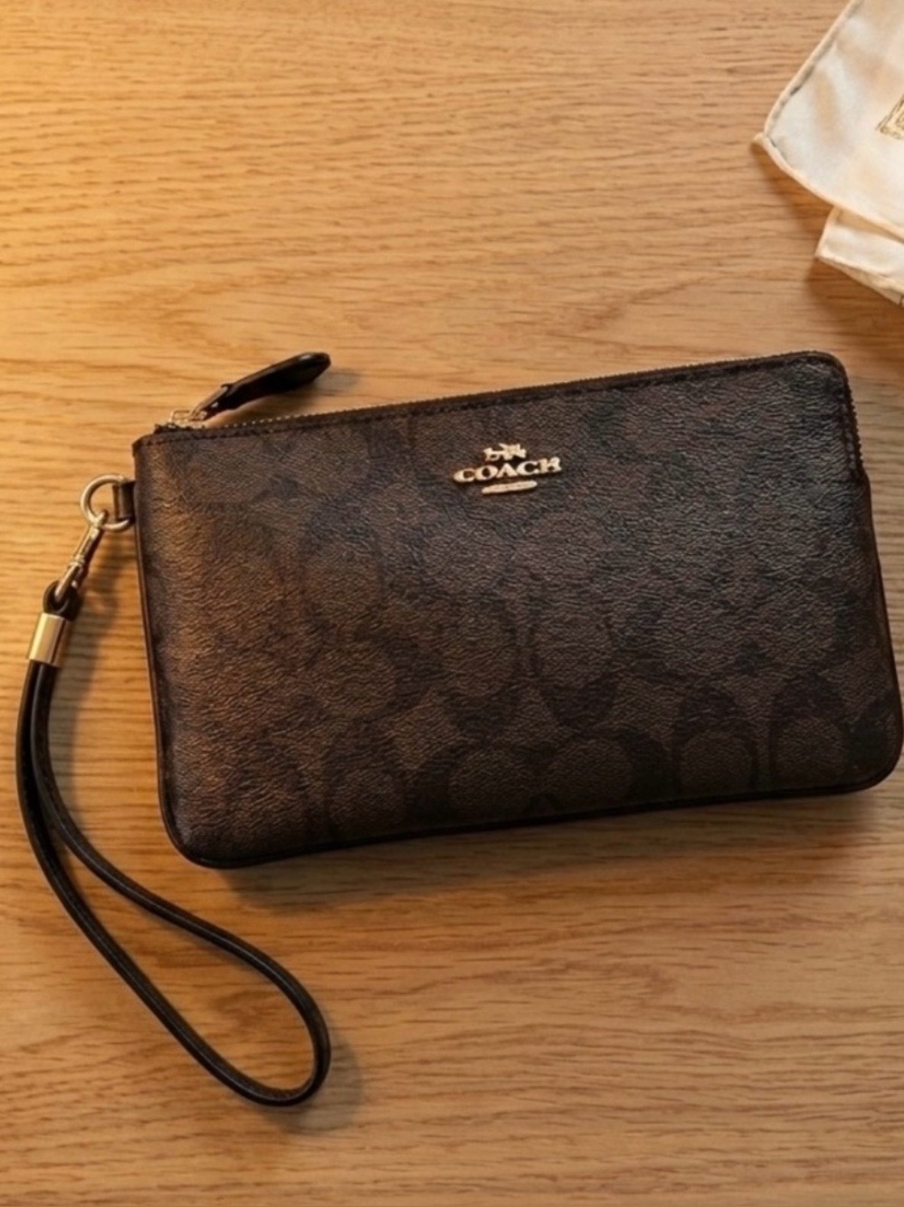 Coach Black Logo-Pattern Wristlet with Gold Tone Hardware